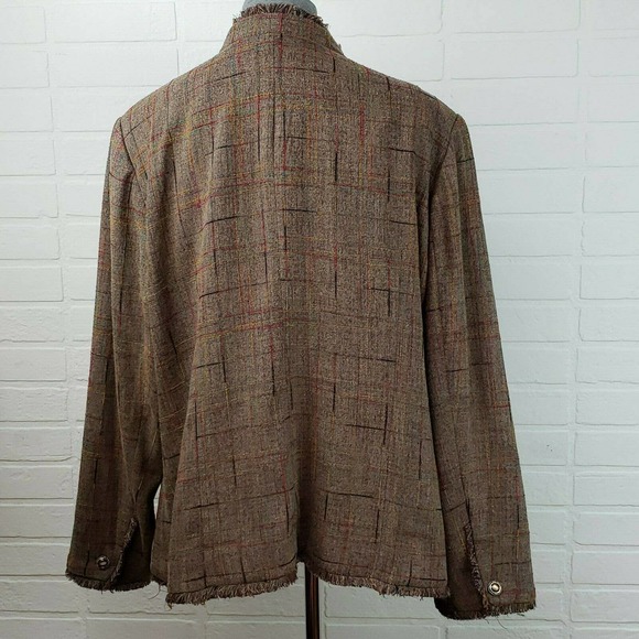 Sag Harbor Woman Tweed Blazer Women's Size 18W Brown Plaid Fringe Detailing - Picture 4 of 10